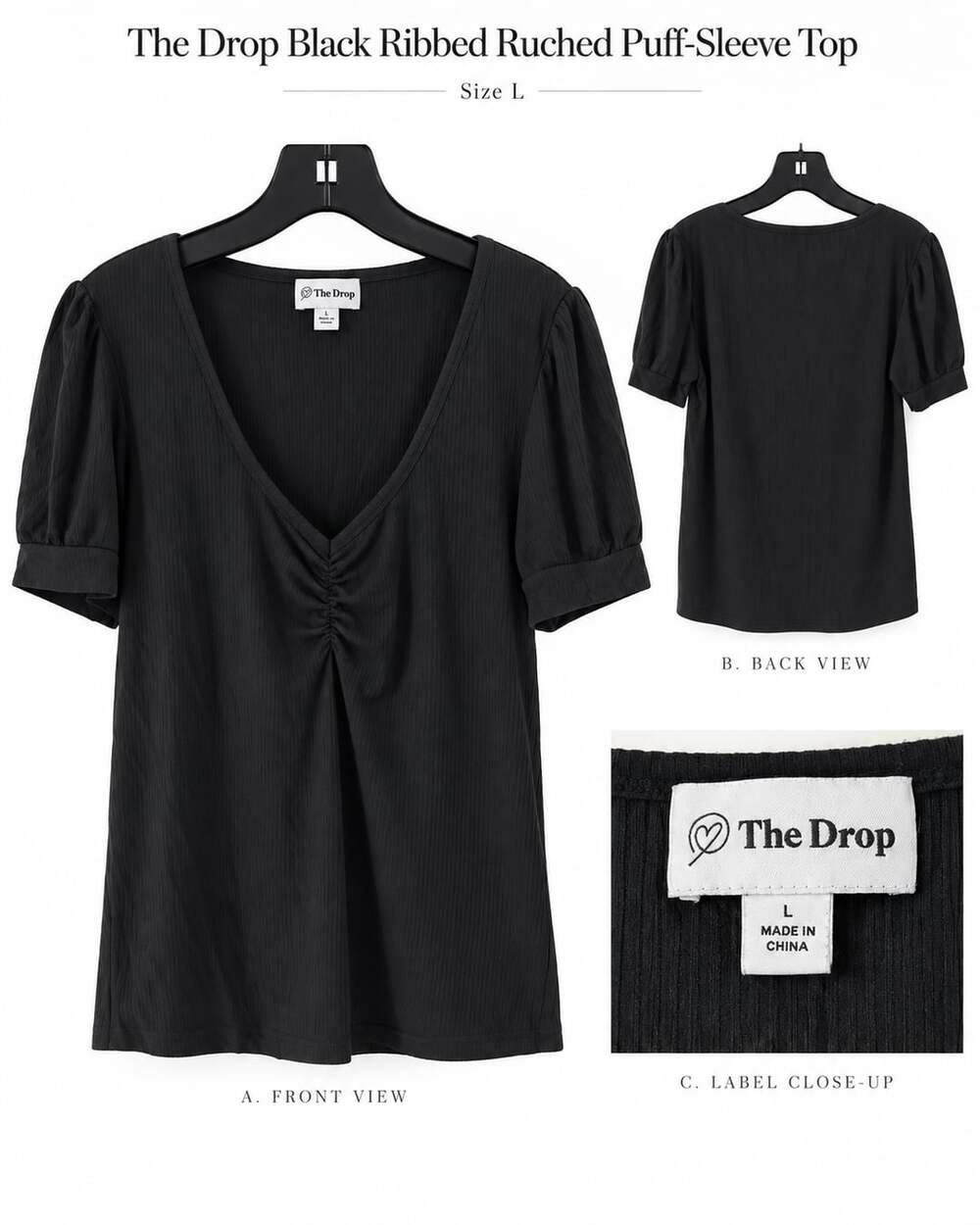 The Drop Black Ribbed Ruched Puff-Sleeve Top